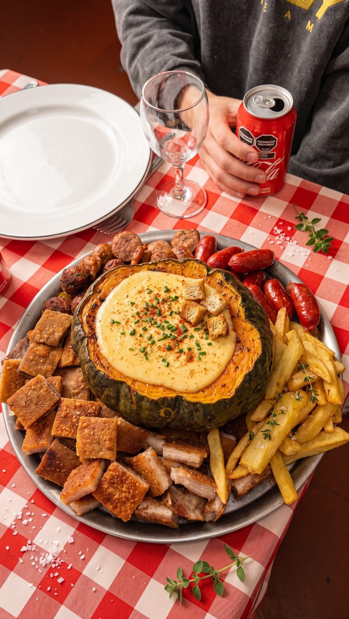 Fondue de cabutia rellena con queso fundido, papas y carnes para compartir