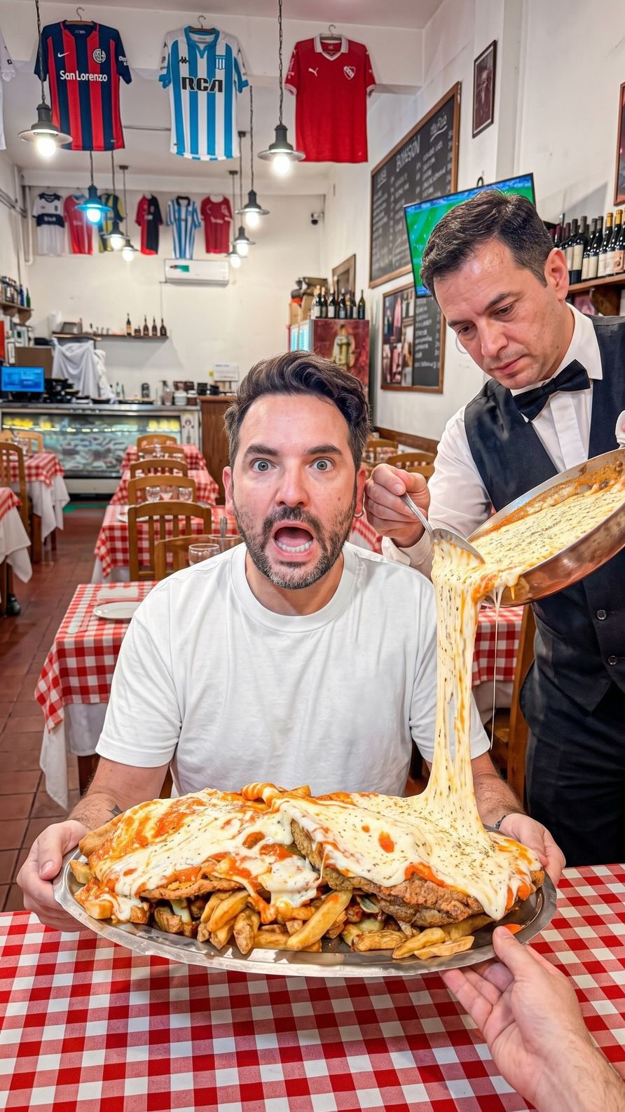 Milanesa XXL con queso y papas fritas servida en una mesa de bodegón