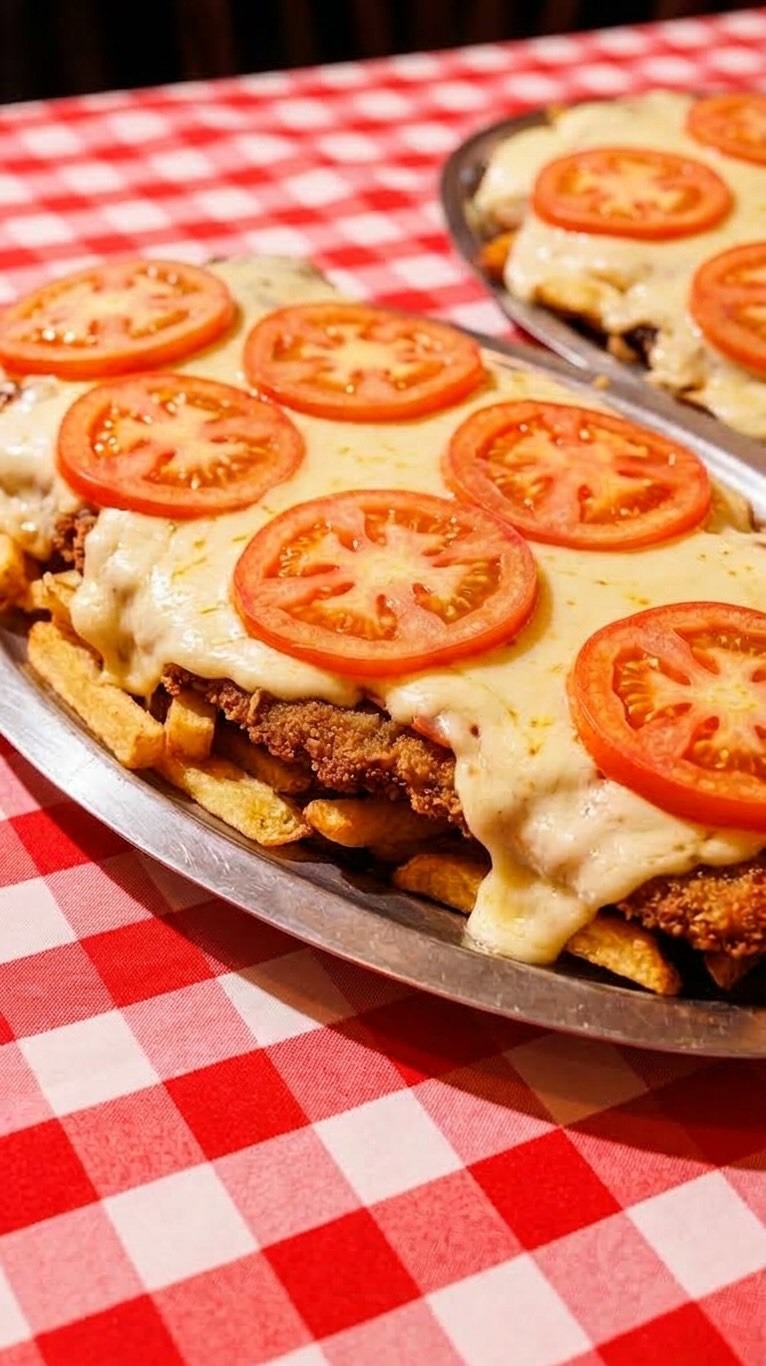 Milanesa napolitana con queso, tomate y papas fritas