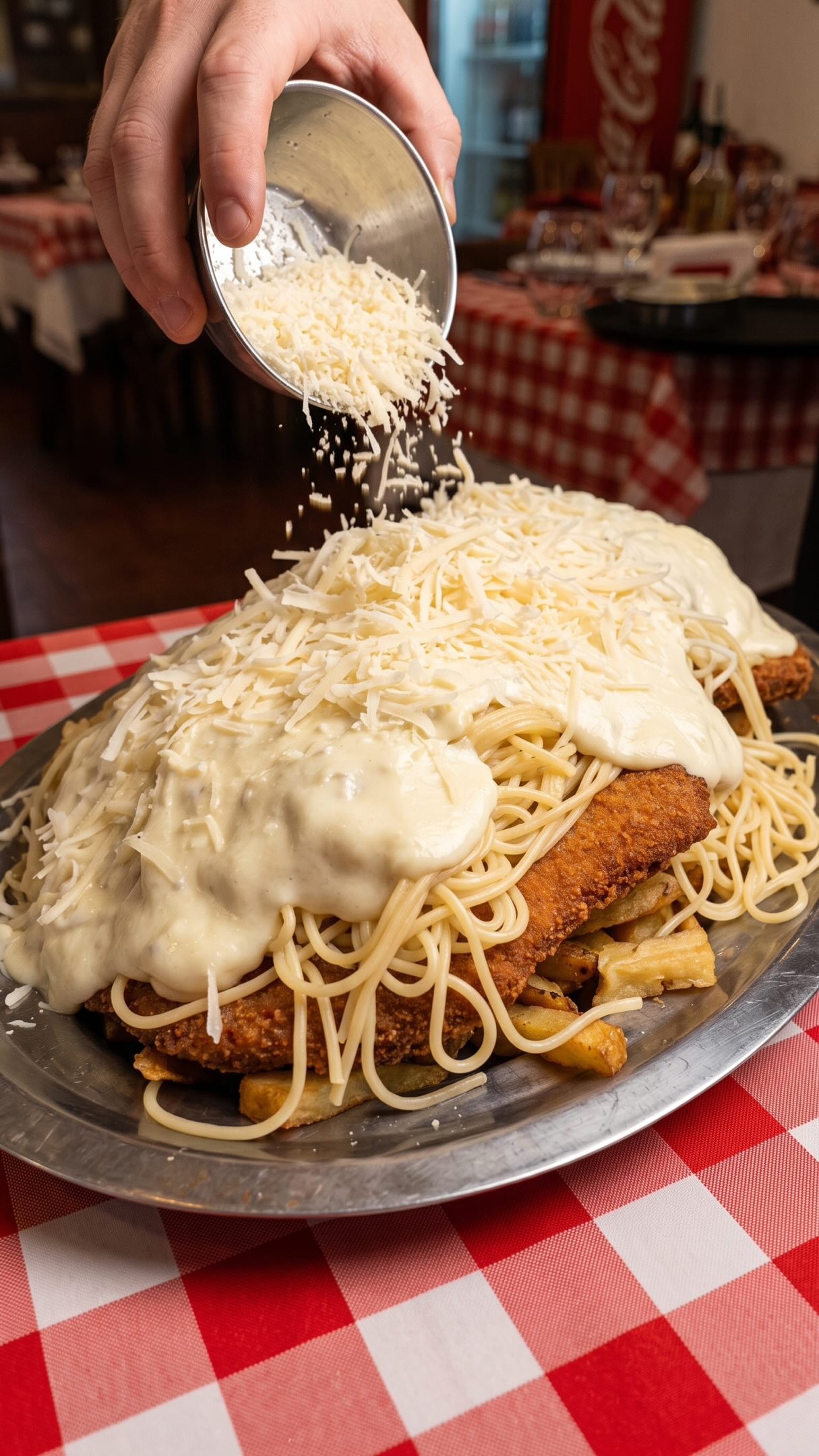 Milanesa abundante con pastas, papas fritas, salsa y queso rallado