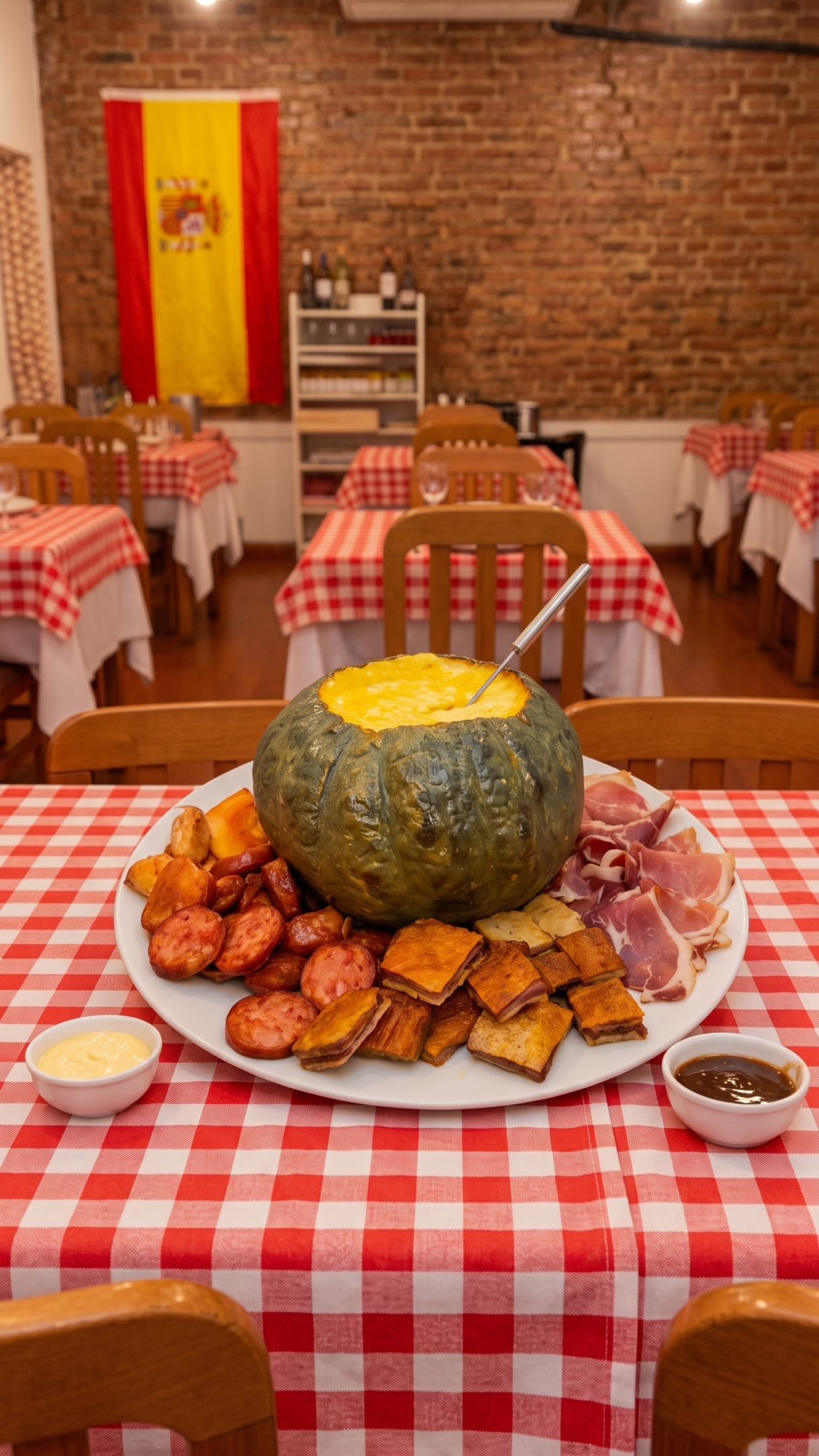 Fondue de cabutia rellena presentada en una mesa del bodegón